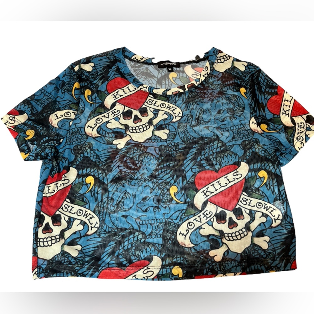 NWT ED HARDY WOMEN’S CROPPED MESH TOP IN XL. BLUE